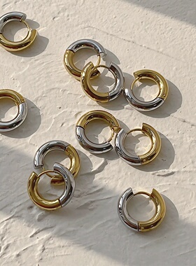 ins耳饰冷性风小耳圈高级感金银撞色拼接圆圈耳环钛钢中性风耳扣