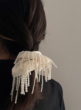 法式流苏大肠发圈串珠珍珠头绳气质缎面高级感丸子头发绳秋冬头饰