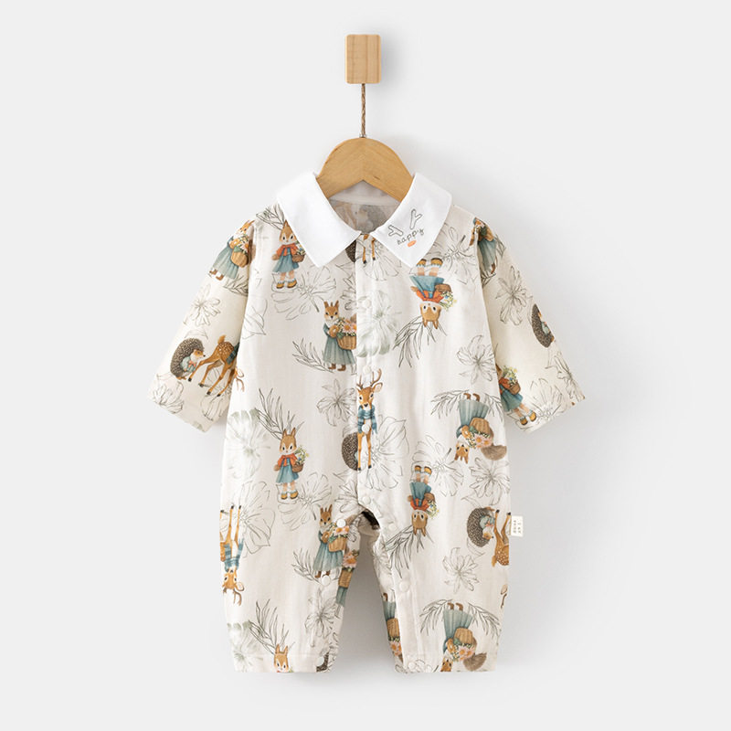 夏季婴儿纱布连体衣宝宝夏超薄长袖哈衣儿童空调服新生儿爬服哈衣