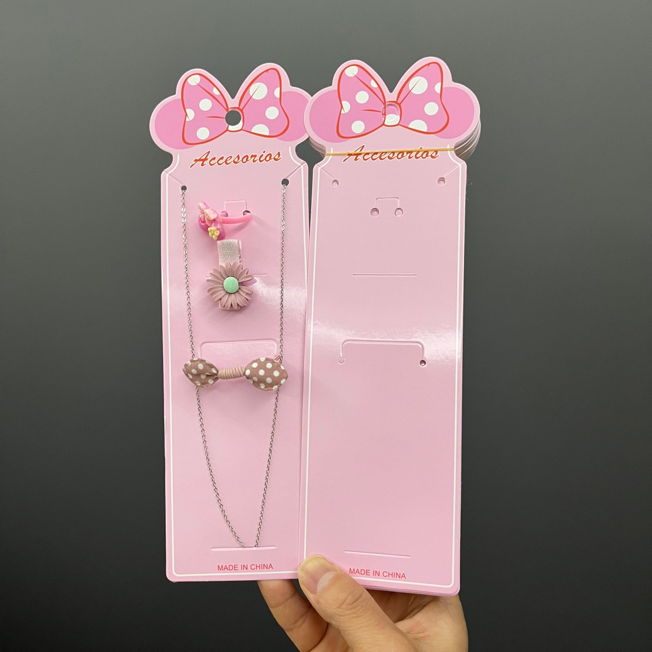 Kp966粉底蝴蝶结儿童饰品套装卡片项链戒指耳钉手链包装卡纸吊牌