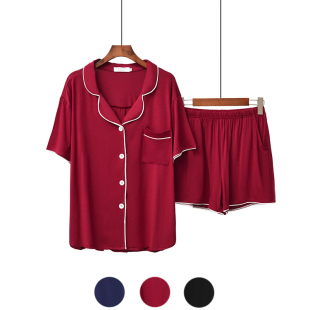 睡衣女夏 翻领家居服套装 莫代尔休闲短裤 开衫 短袖 薄款