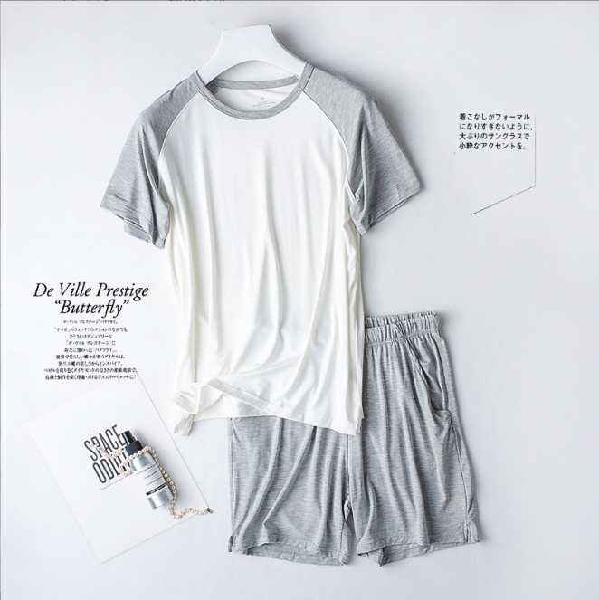 拼色莫代尔睡衣女夏季薄款宽松圆领插肩短袖短裤家居服套装可外穿