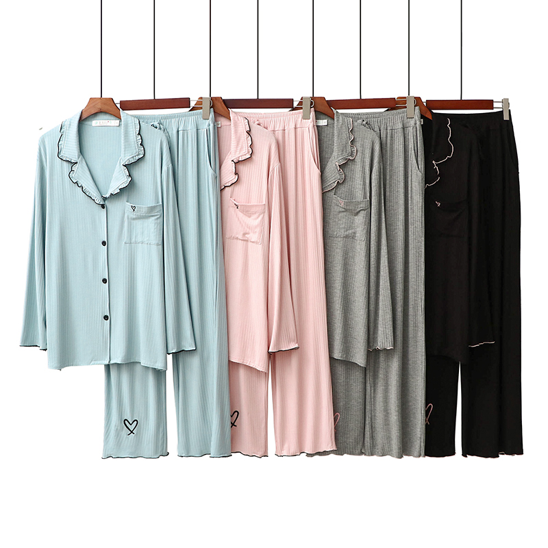 家居服长袖开衫翻领对襟套装