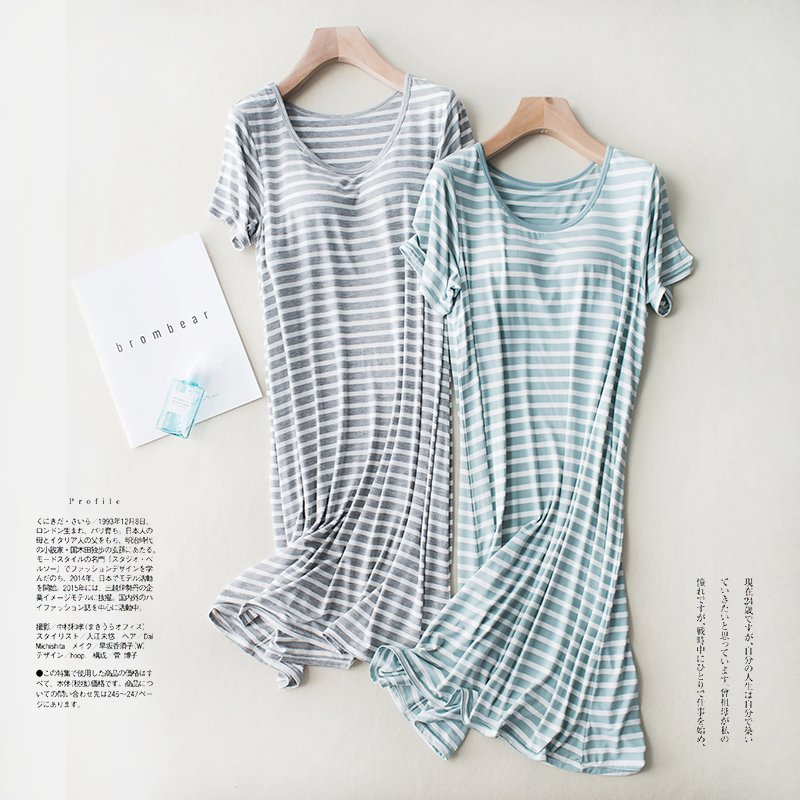 莫代尔条纹带胸垫短袖大码睡裙