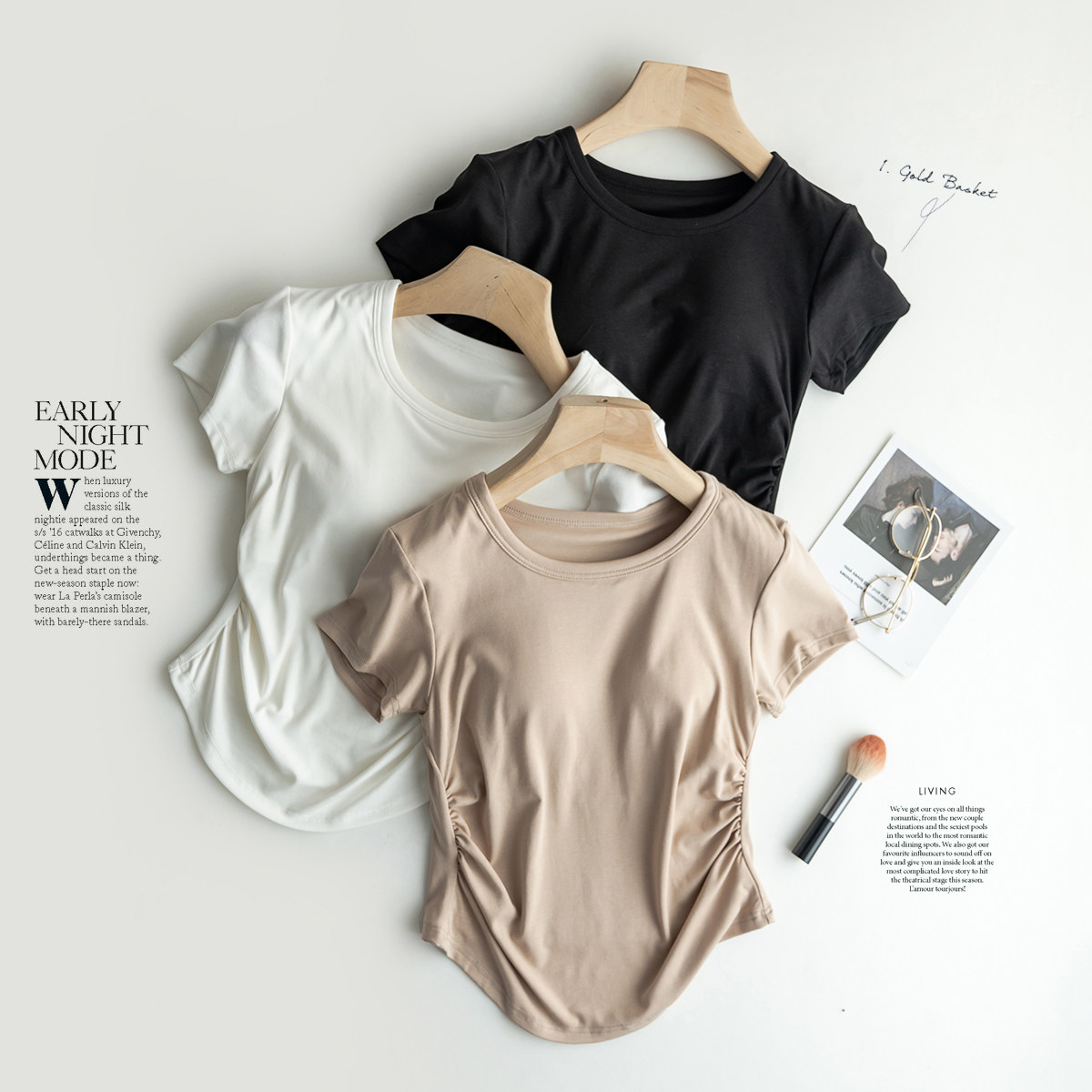 带胸垫短袖t恤女圆领上衣短款收腰弧形下摆免穿文胸修身内衣打底