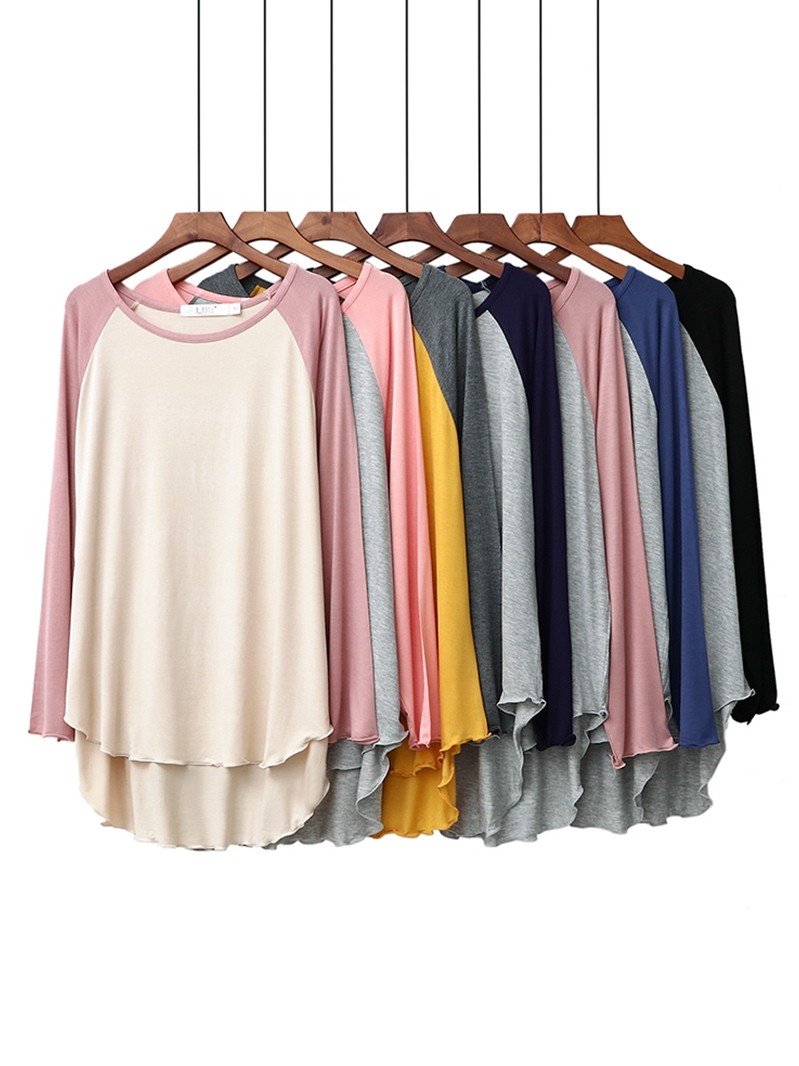 여성용 잠옷 가을 모달 컬러 블록 스트레치 셔츠 루즈한 티셔츠 중간 기장 홈 스커트 봄 가을 잠옷