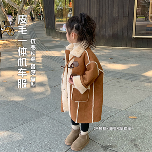 女童加绒外套秋冬款宝宝麂皮绒加厚皮毛一体中长款大衣儿童机车服