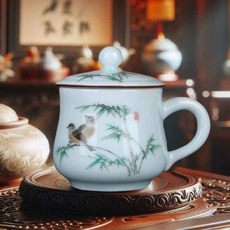优雅青瓷带盖陶瓷好清洗不易茶垢