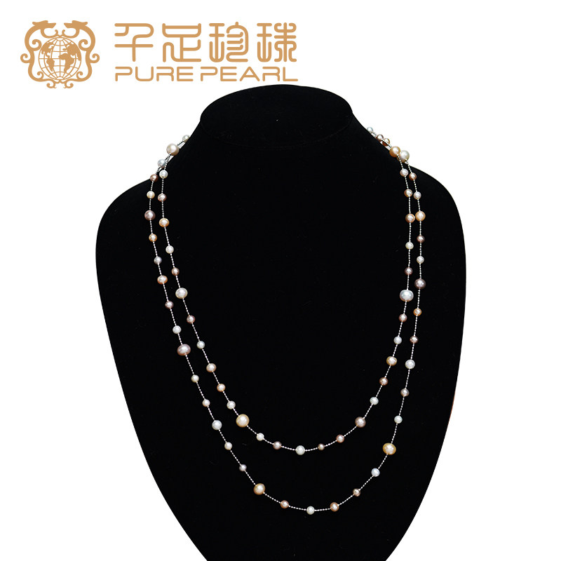 千足珍珠S925银淡水珠4-9不规则圆强亮毛衣链