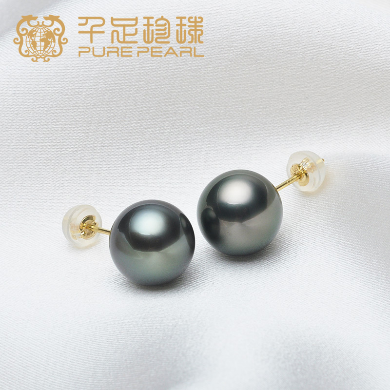 千足正圆大溪地黑珍珠18k金耳钉