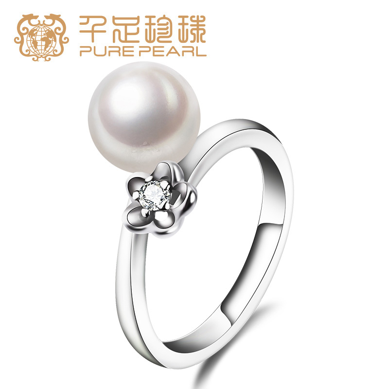 千足亮白强光女款银戒指淡水珍珠