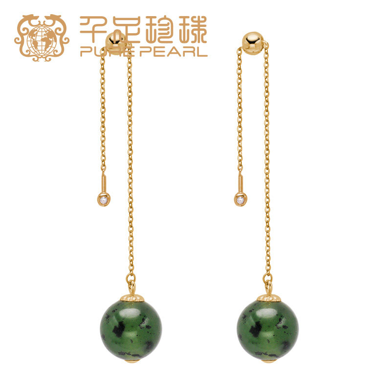 千足珍珠 8-9mm蛇纹石18K金配蛇纹石耳饰耳环