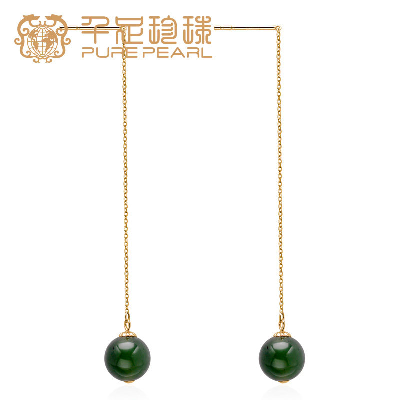 千足珍珠 8-9mm蛇纹石18K金波浪形耳饰耳环