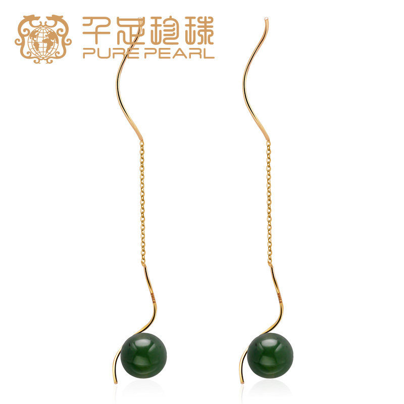 千足珍珠 蛇纹石7-8mm18K金波浪形耳饰耳环