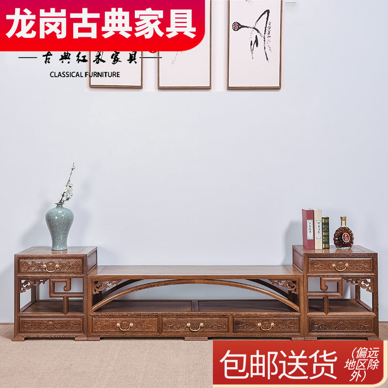 红木家具 鸡翅木电视柜 实木矮柜 中式三合一电视机柜组合落地柜