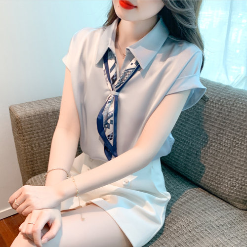 2026夏季新款洋气高端蓝色短袖衬衫女装LO职业装醋酸缎面垂感上衣
