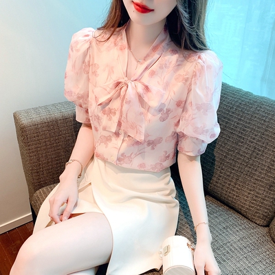 2026新款夏季气质法式高级感时尚碎花衬衫女士夏装蝴蝶结雪纺上衣