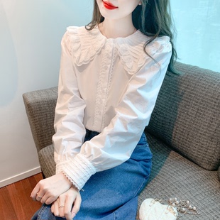 新款2026春秋法式娃娃领上衣长袖白色衬衫女士灯笼袖气质百搭衬衣
