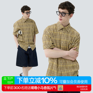 衬衫 上衣度假休闲亚麻色格子泡泡布短袖 夏季 warmtrees2025新款