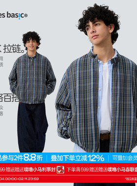 TreesBasic灰蓝格子防风短夹克男2025新款秋冬外套