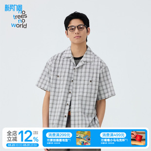 夏季 warmtrees 男女款 衬衫 古巴领纽扣贴袋复古白黑格子短袖