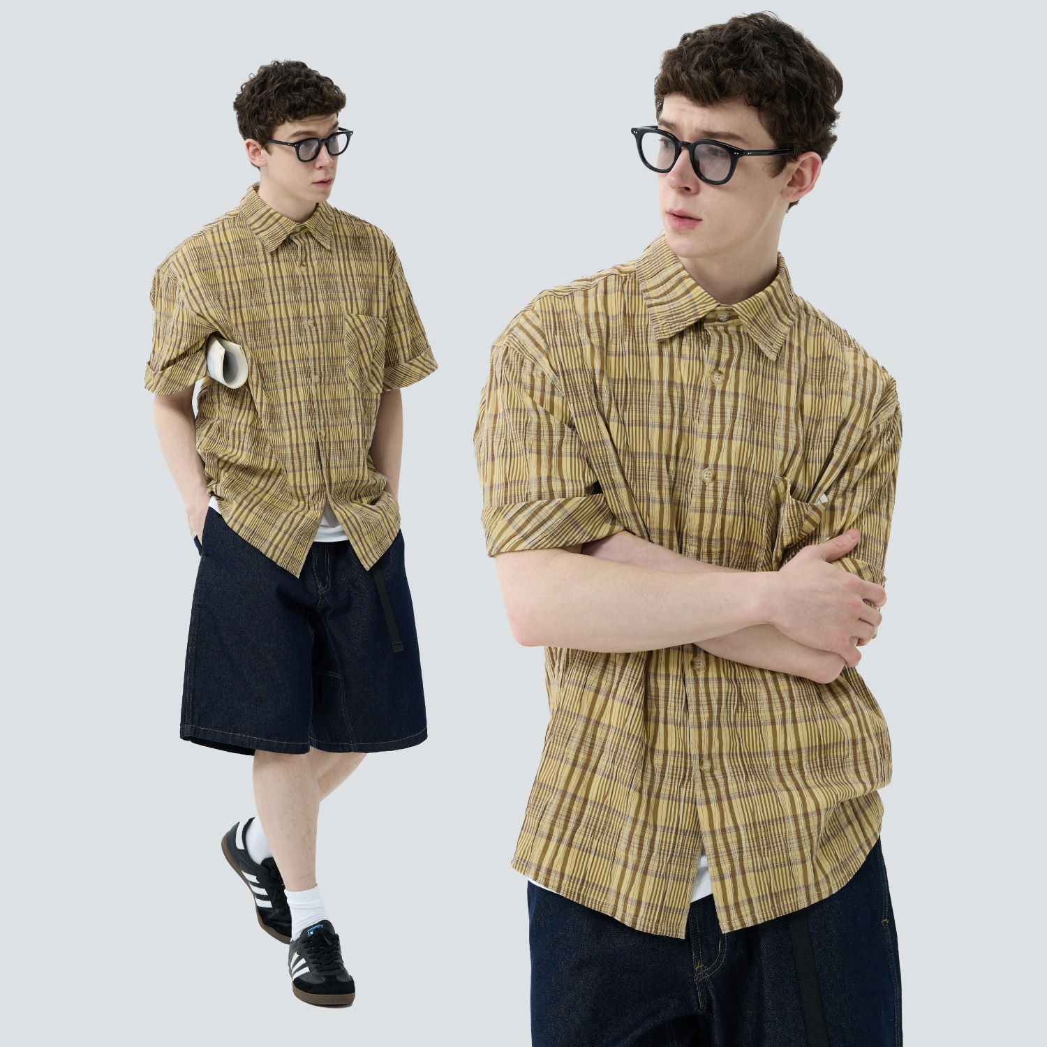 WARMTREES 2025新款夏季上衣度假休闲亚麻色格子泡泡布短袖衬衫