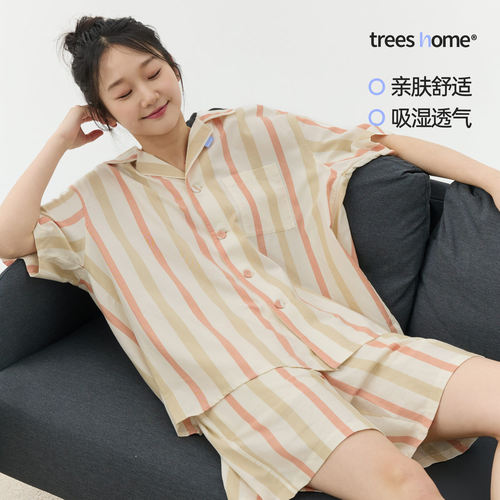 TreesHome大条纹古巴领家居服夏季睡衣套装男女