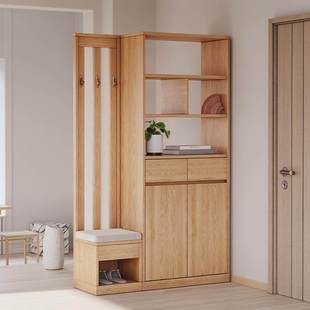 【香港】全实木橡木鞋柜玄关柜一体靠墙入户客厅隔断柜原木风