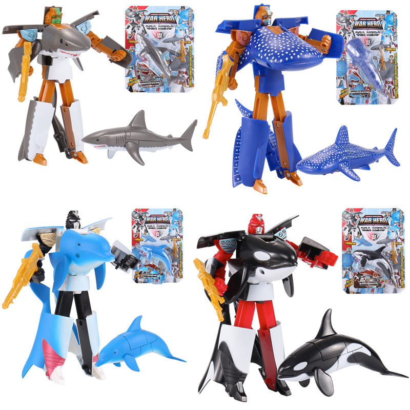 海洋动物变形机器人海豚鲸鱼鲨鱼变身金刚玩具男孩益智礼物模型