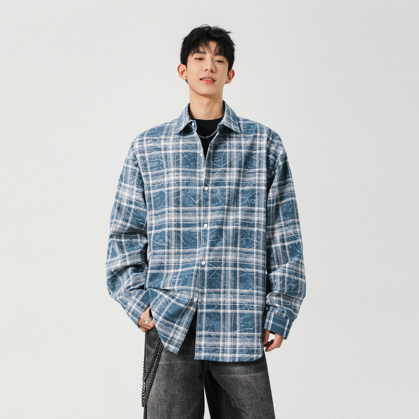 FOFWMODE秋季美式潮牌做旧痕迹格子长袖衬衫男女宽松百搭休闲衬衣