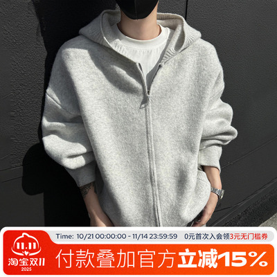 FOFWMODE秋冬美式纯色连帽开衫毛衣男女宽松老钱风复古针织衫外套