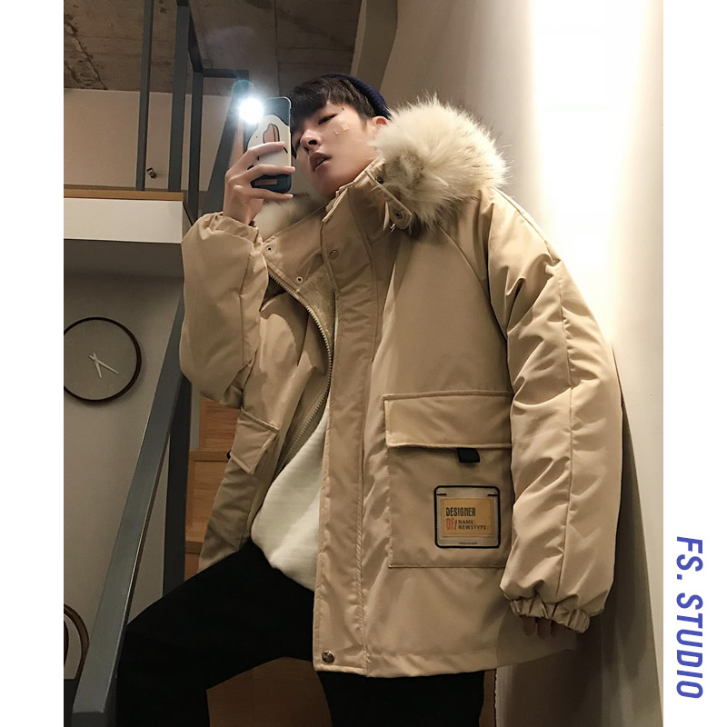 @方少男装 冬季大毛领棉衣男宽松外套港风中长款工装棉衣潮流棉服