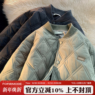 方少男冬季 情侣棉服外套潮 菱形格保暖棉衣男棒球服复古棉袄美式