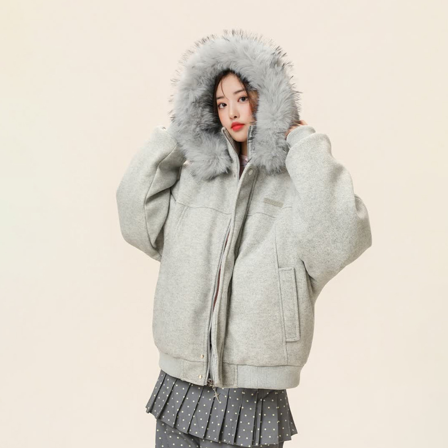 FOFWMODE 冬季毛呢棉服保暖外套男女宽松座山雕毛领连帽情侣棉衣