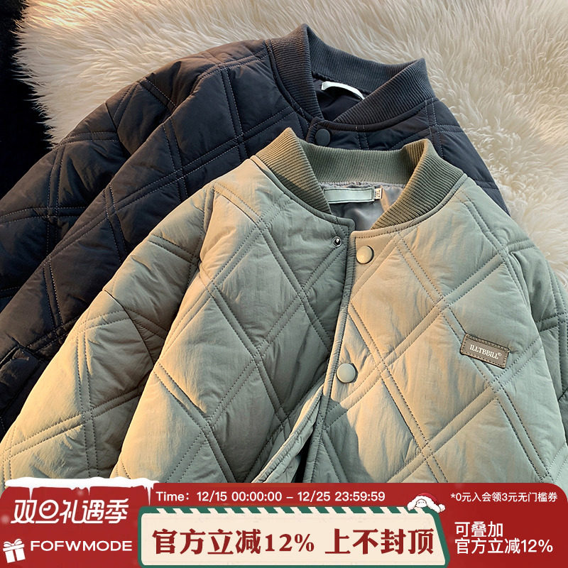 方少男.菱形格子棒球服冬季棉服