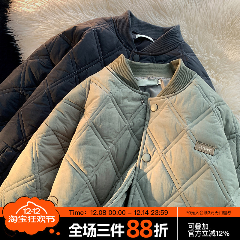 方少男.菱形格子棒球服冬季棉服