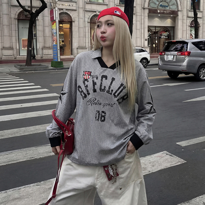 FOFWMODE V领数字印花百搭长袖t球衣风格休闲潮流上衣设计感衬衫