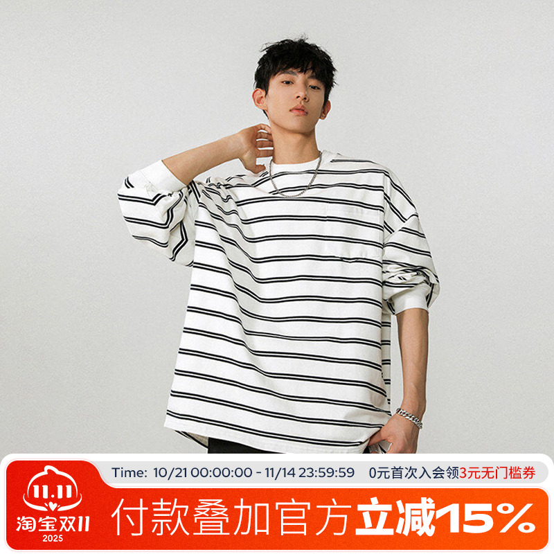 FOFWMODE 春季美式复古条纹长袖卫衣男女宽松情侣圆领休闲潮上衣