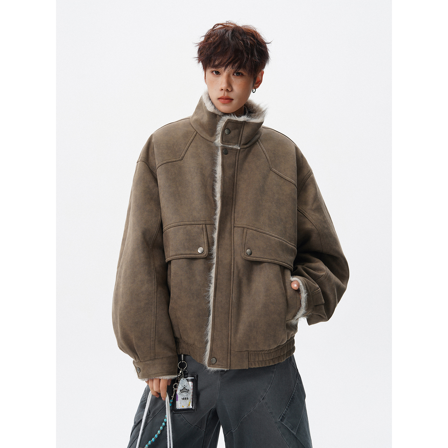 FOFWMODE 冬季加厚座山雕仿麂皮绒棉衣男宽松保暖机车棉服外套潮