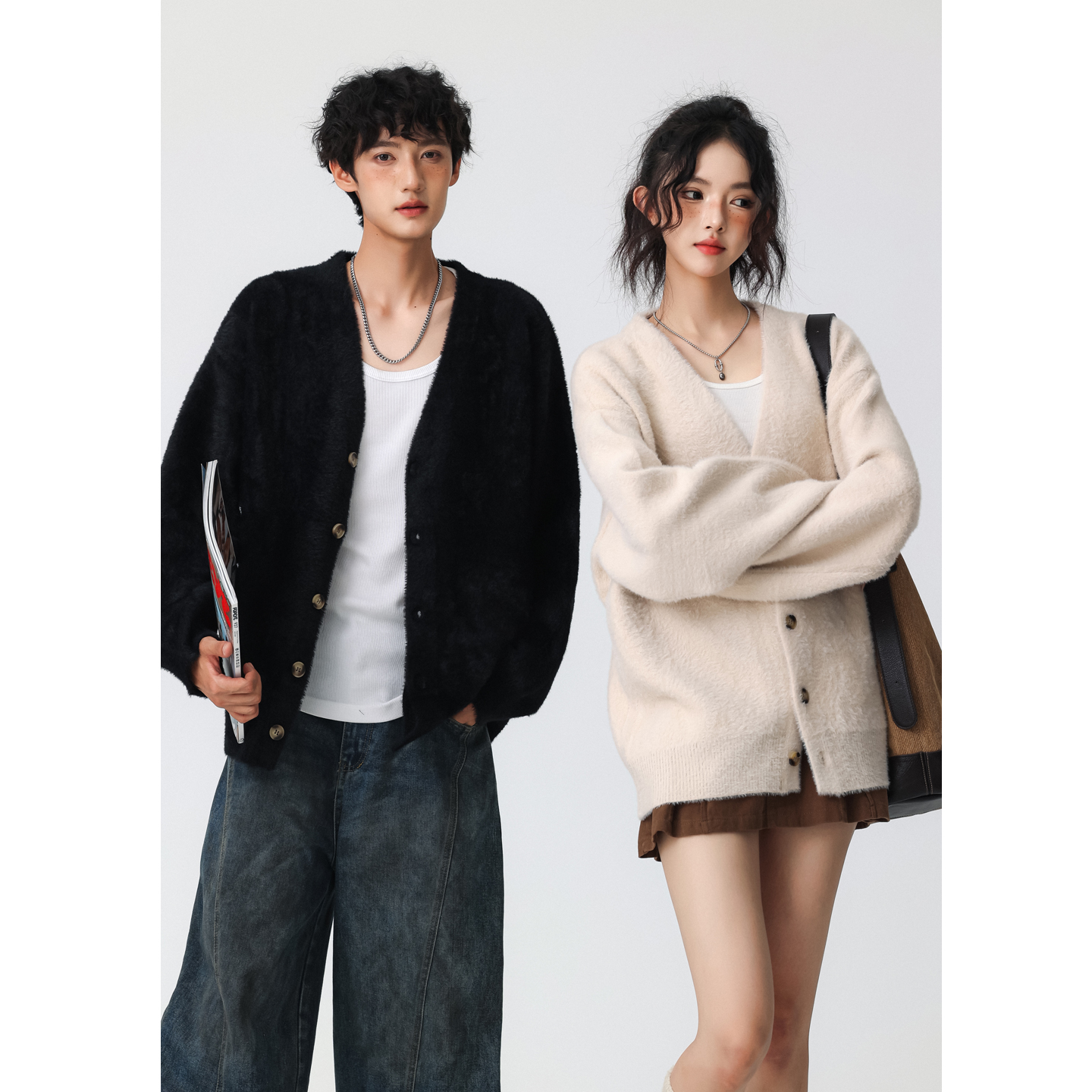 FOFWMODE 秋冬情侣马海毛针织开衫毛衣男女宽松V领慵懒风外搭外套