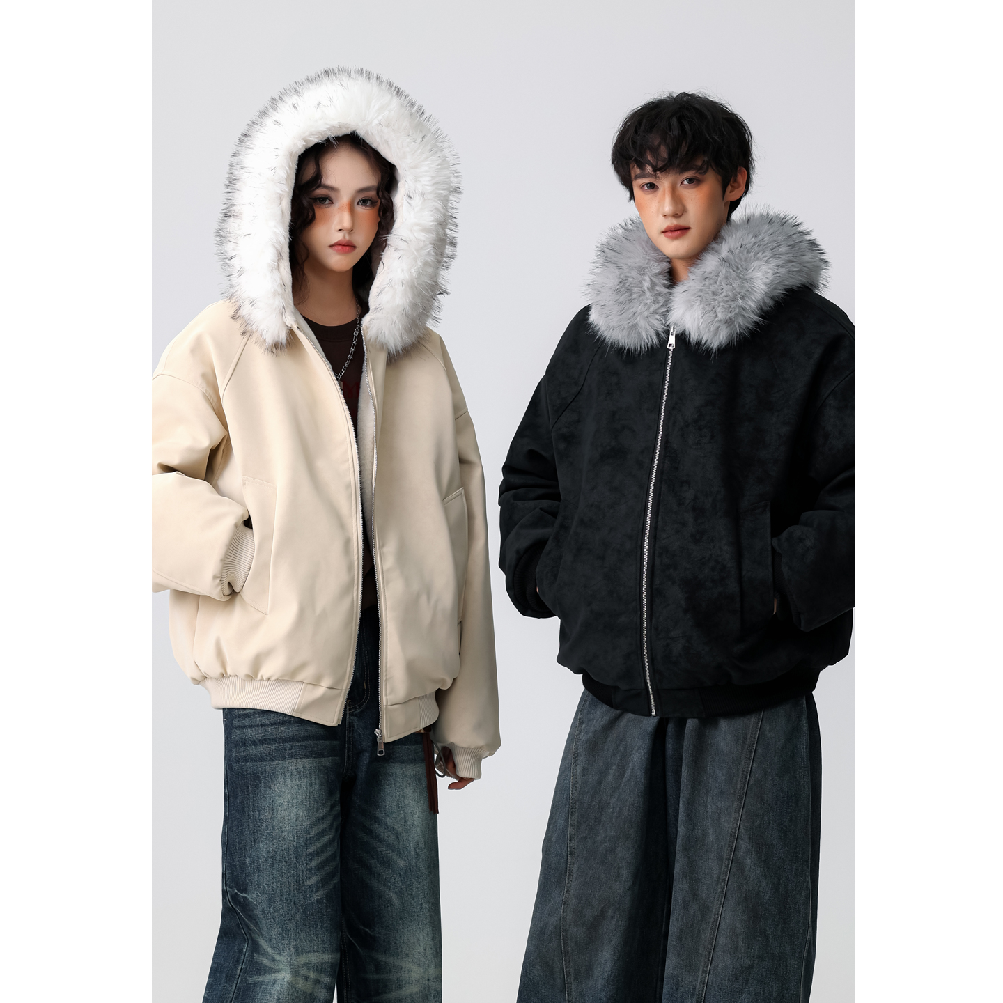 1500g重磅PU皮荔枝纹大毛领棉服男女宽松情侣加绒加厚棉衣外套冬