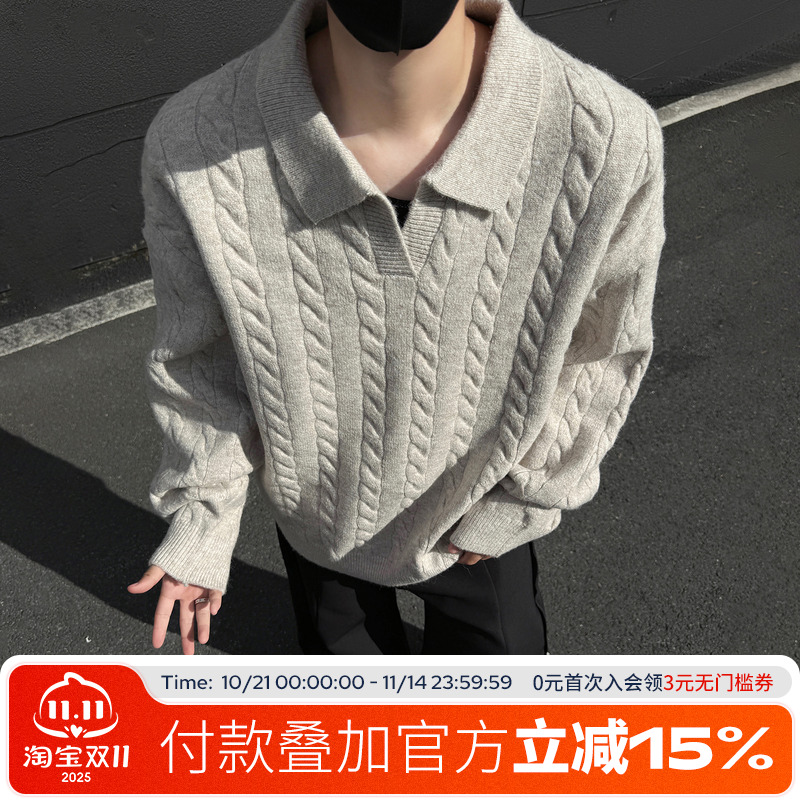 FOFWMODE 秋冬季老钱风提花翻领套头毛衣男女宽松纯色长袖针织衫