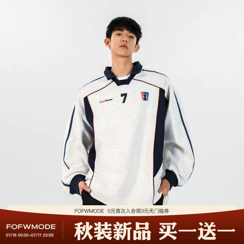 FOFWMODE 春季美式复古拼接polo领套头卫衣男女宽松运动风外套潮