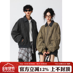 FOFWMODE秋季美式重磅水洗做旧重工翻领夹克男宽松结构款拼接外套