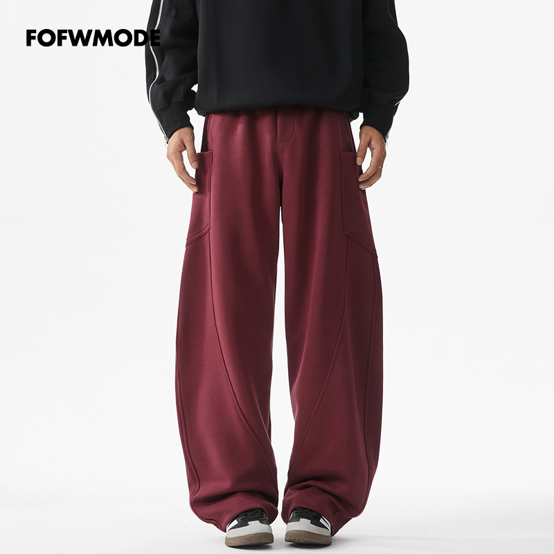 FOFWMODE春季美式剪裁立体运动卫裤男女宽松潮牌休闲裤弯刀长裤子