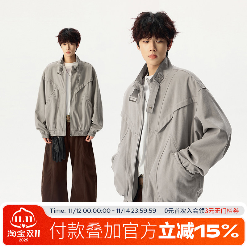 FOFWMODE 秋季美式工装夹克男复古廓形裁剪拼接立领潮牌休闲外套