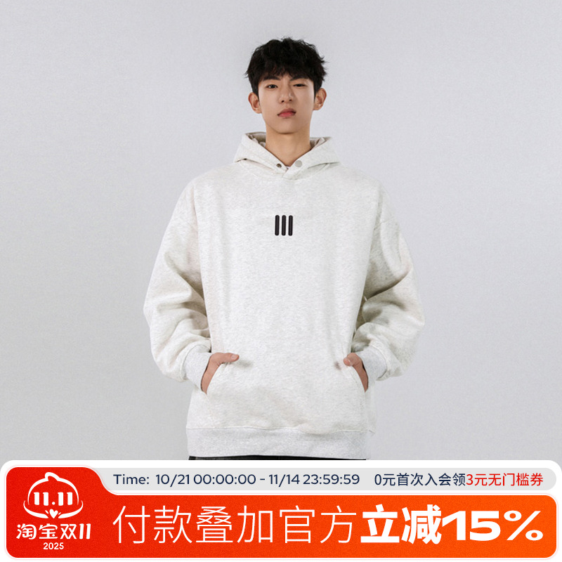 FOFWMODE春季美式三条杠刺绣连帽卫衣男女宽松情侣款套头帽衫外套