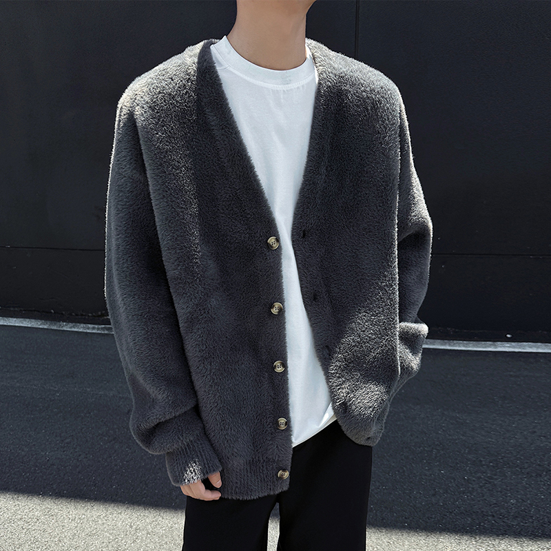 FOFWMODE 秋冬季马海马开衫毛衣男女宽松V领慵懒风软糯针织衫外套