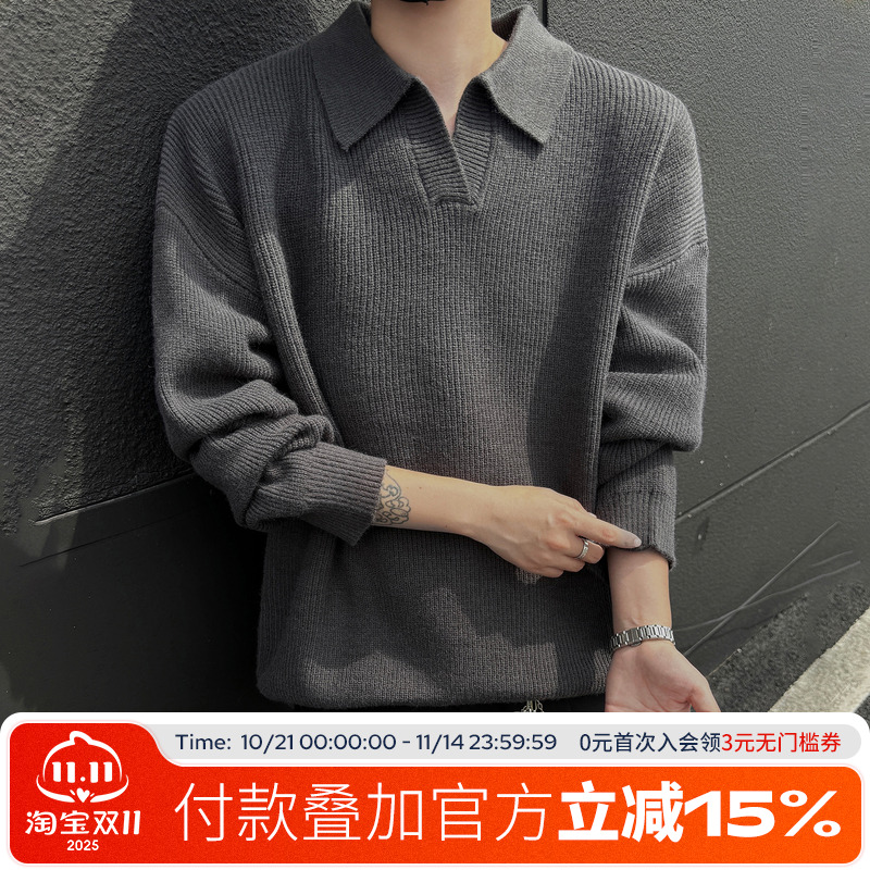 FOFWMODE 秋冬季翻领长袖套头毛衣男女宽松落肩袖POLO针织衫外套