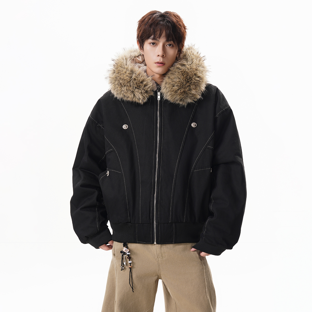 FOFWMODE冬季美式加绒加厚连帽毛领棉服男潮牌保暖派克服棉衣外套